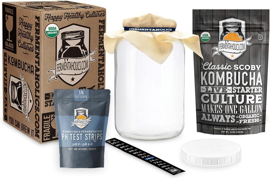Kombucha Essentials Kit – Includes USDA Organic Kombucha SCOBY + 1-Gallon Glass Fermenting Jar with Breathable Cover + pH Strips + Rubber Band + Adhesive Thermometer – Brew kombucha at Home