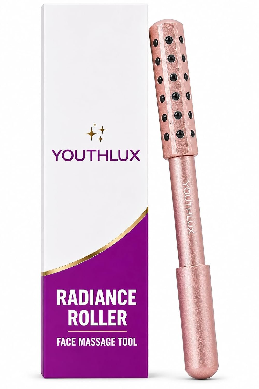 Radiance Roller – Germanium Stone Facial Massage Tool/Wand Face Roller for Lifting, Sculpting, De-Puffing, Glow Boost, Energizing & Cooling Effect (Rose Gold)