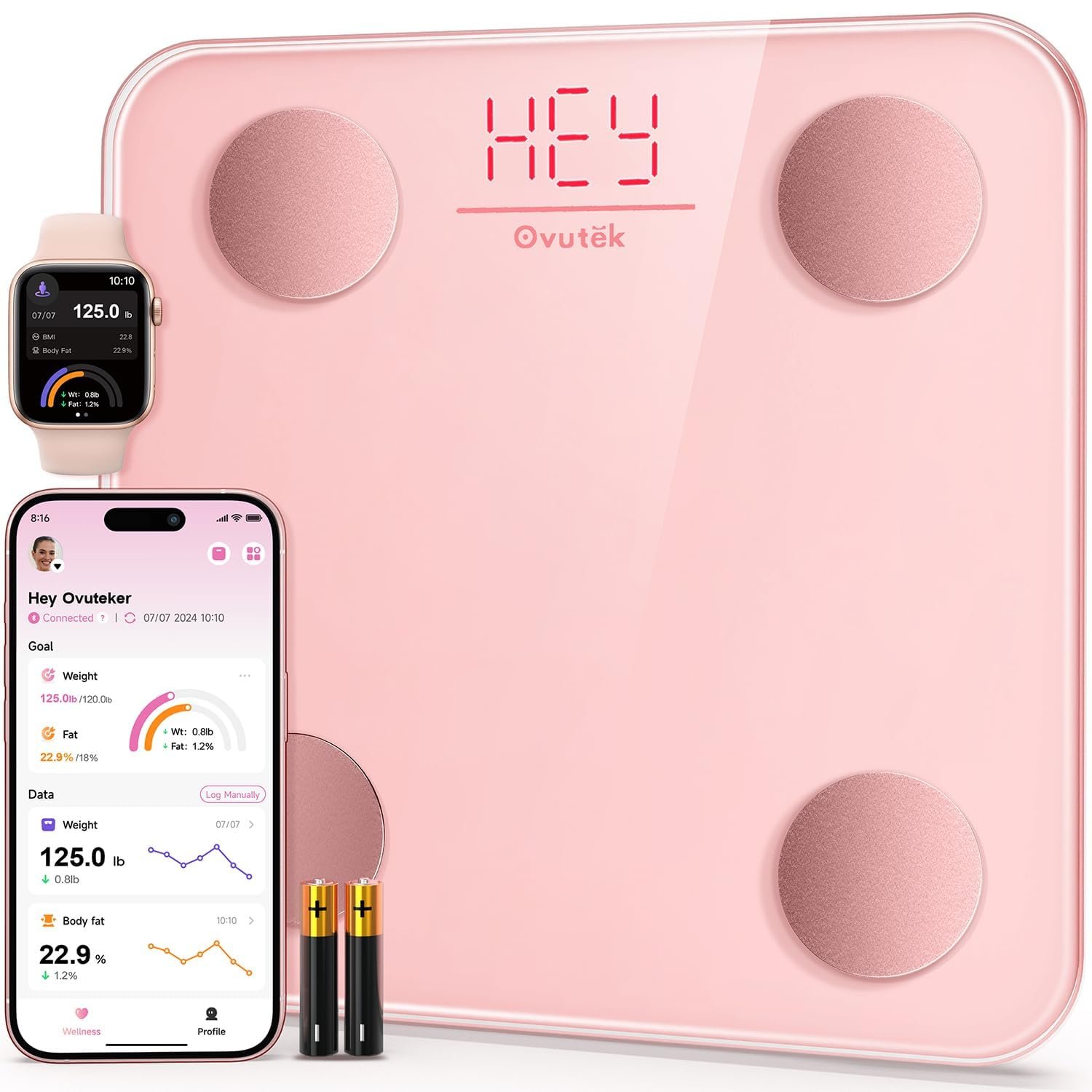 Ovutek Smart Scale for Body Weight, Digital Bathroom Scale BMI Weighing Body Fat Scale, Accurate Body Composition Scale Monitor for People’s Health with Smartphone App, Compact Size, 400lb (Pink)