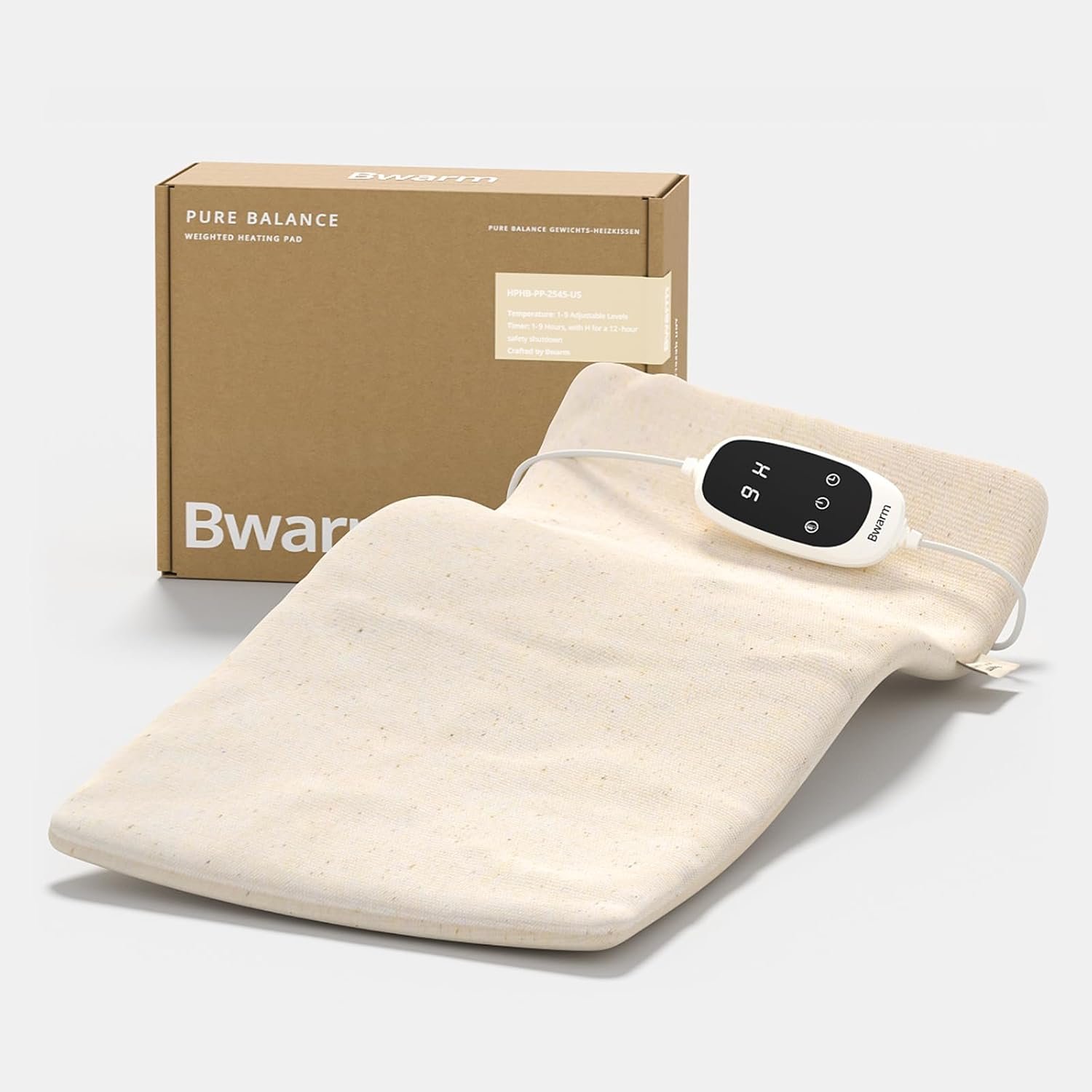 Bwarm Weighted Far Infrared Heating Pads 100% Organic Cotton for Back Shoulder Knee Fast Heating with 9 Heating Levels 12 Hours Auto-Off Heated Pad for Back Neck Arms and Legs (White, 12”×24′)