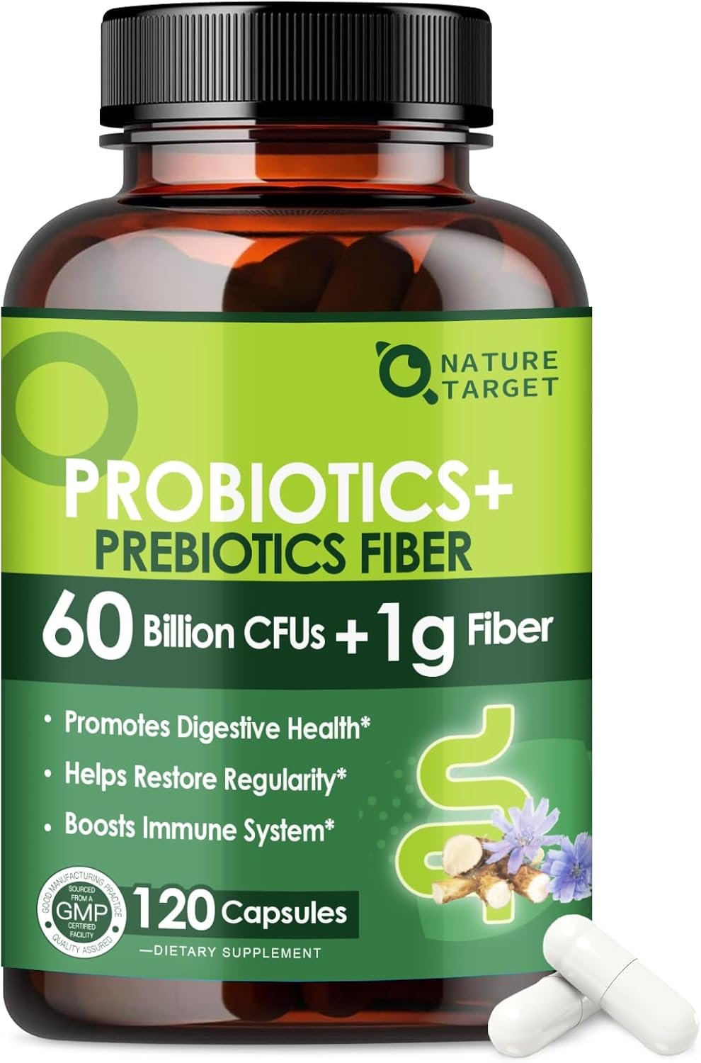 NATURE TARGET Prebiotic Fiber Supplement with 60 Billion Probiotics for Digestive Health – Prebiotics and Probiotics for Women & Men Regularity, Supports Occasional Constipation – 120 Veggie Capsules