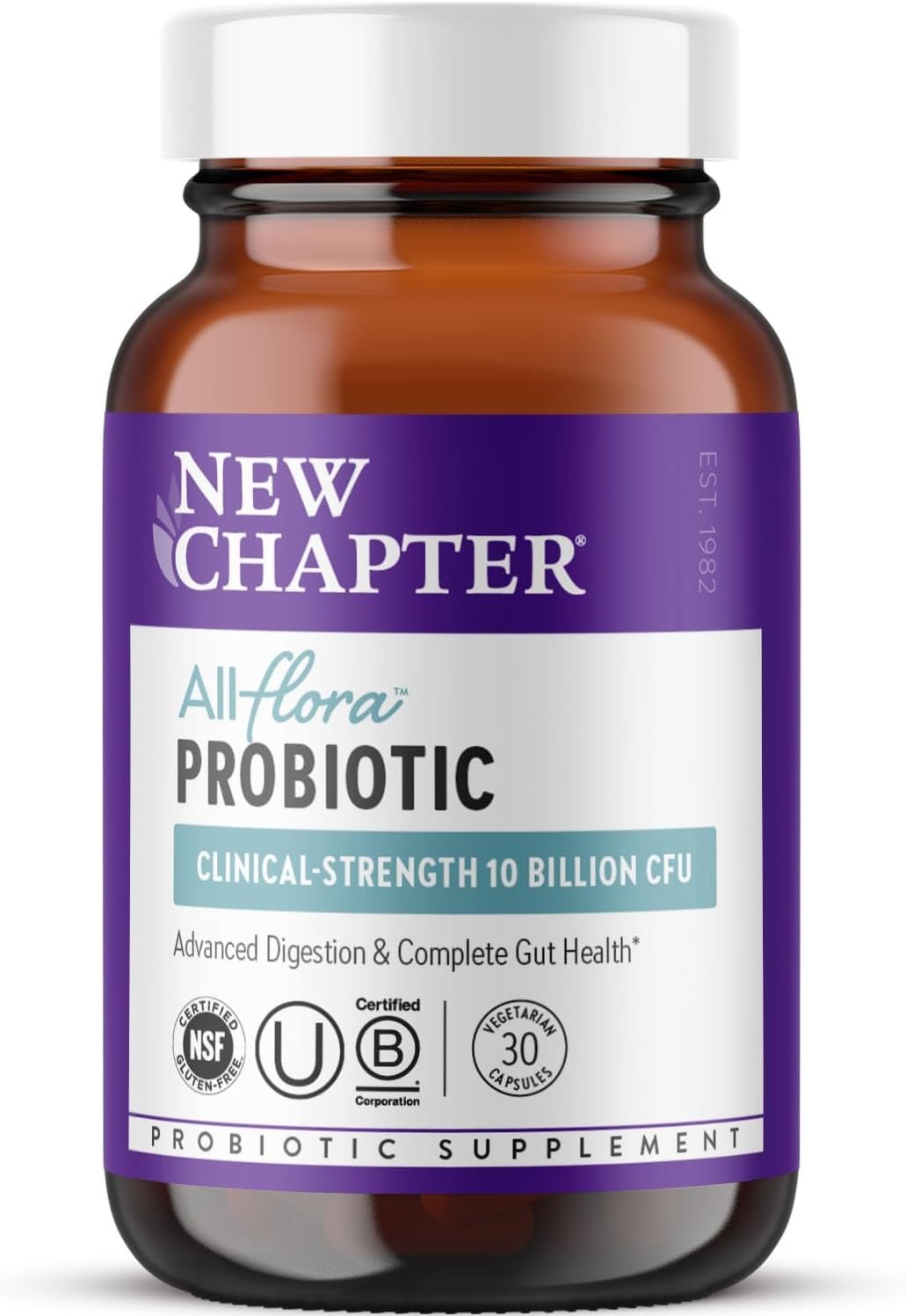 New Chapter All-Flora Probiotic for Advanced Digestion & Complete Gut Health with Prebiotics + Postbiotics, Clinical-Strength Strains, 100% Vegetarian, Non-GMO, Shelf Stable – 30 ct (1 Month Supply)