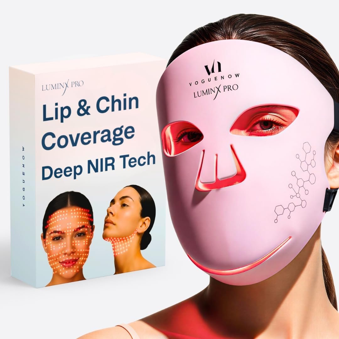 VogueNow LED Light Therapy Mask – FDA-Cleared Device for Wrinkles & Acne – Red Light Therapy for Face with Chin & Lip Coverage – Red, Blue & Near Infrared Facial Skincare Device with 280 LEDs