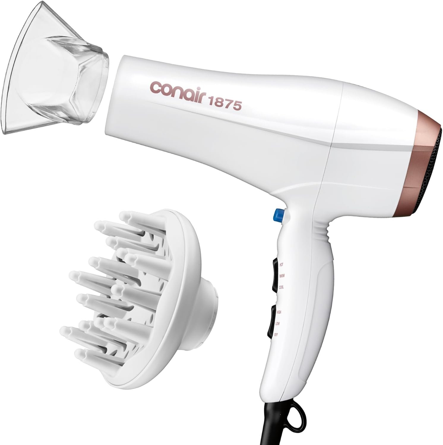 Conair Double Ceramic Ionic Hair Dryer | Double Ceramic Ionic Tech Reduces Frizz for Fine, Thick, and Curly Hair Types, White with Diffuser & Concentrator, 566L
