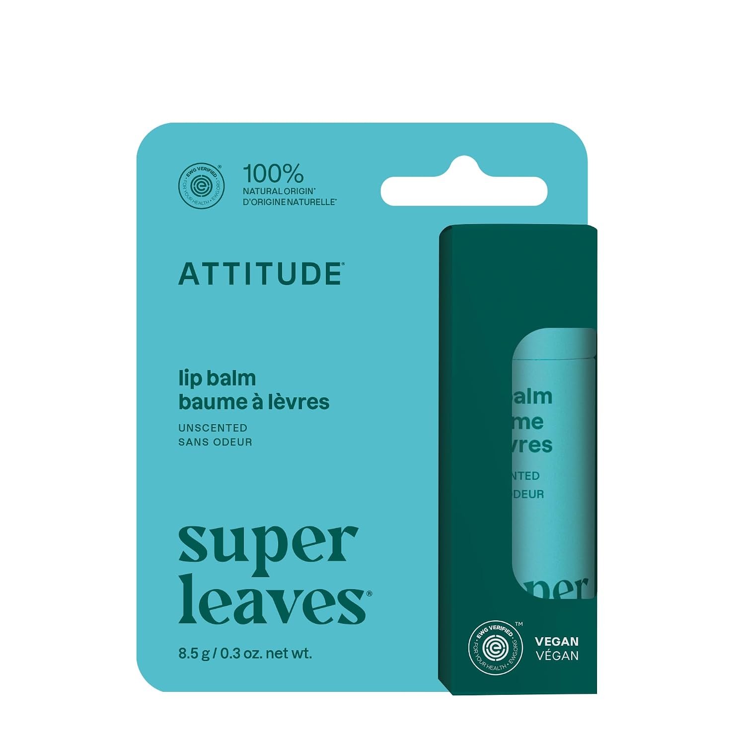 ATTITUDE Lip Balm, Fragrance-Free, Hydrating Care for Dry Lips, Shea Butter with Coconut & Castor Oils, Plastic-Free Packaging, EWG Verified, Vegan, Unscented, 0.3 Oz