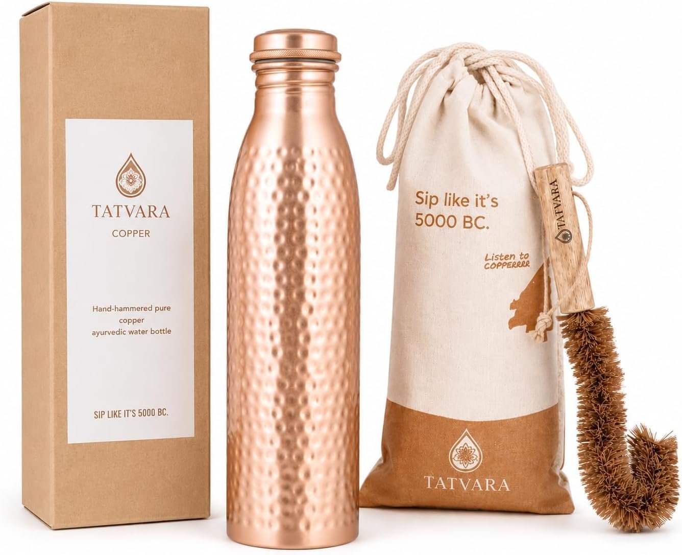 100% Pure Copper Water Bottle 32 oz / 950 ml – Leak Proof Bottle with Gift Pouch, Handmade Hammered Design, BPA Free Reusable Bottle with Cleaning Brush for Yoga Gym Travel