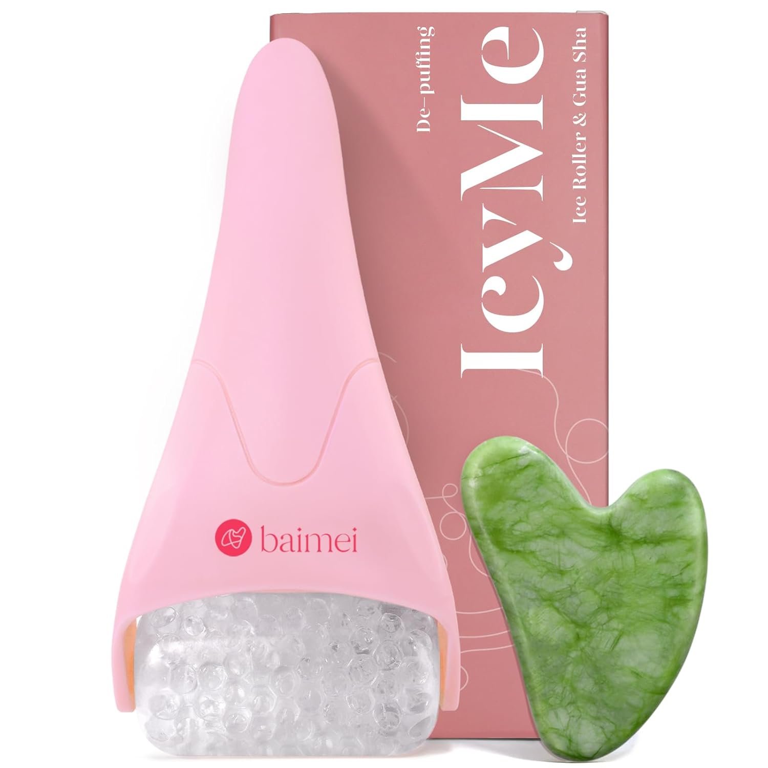 BAIMEI IcyMe Ice Roller for Face and Gua Sha Facial Tool Set, Ice Face Roller Reduces Puffiness Relieves Migraines Skin Care Tools, Self Care for Women – Pink