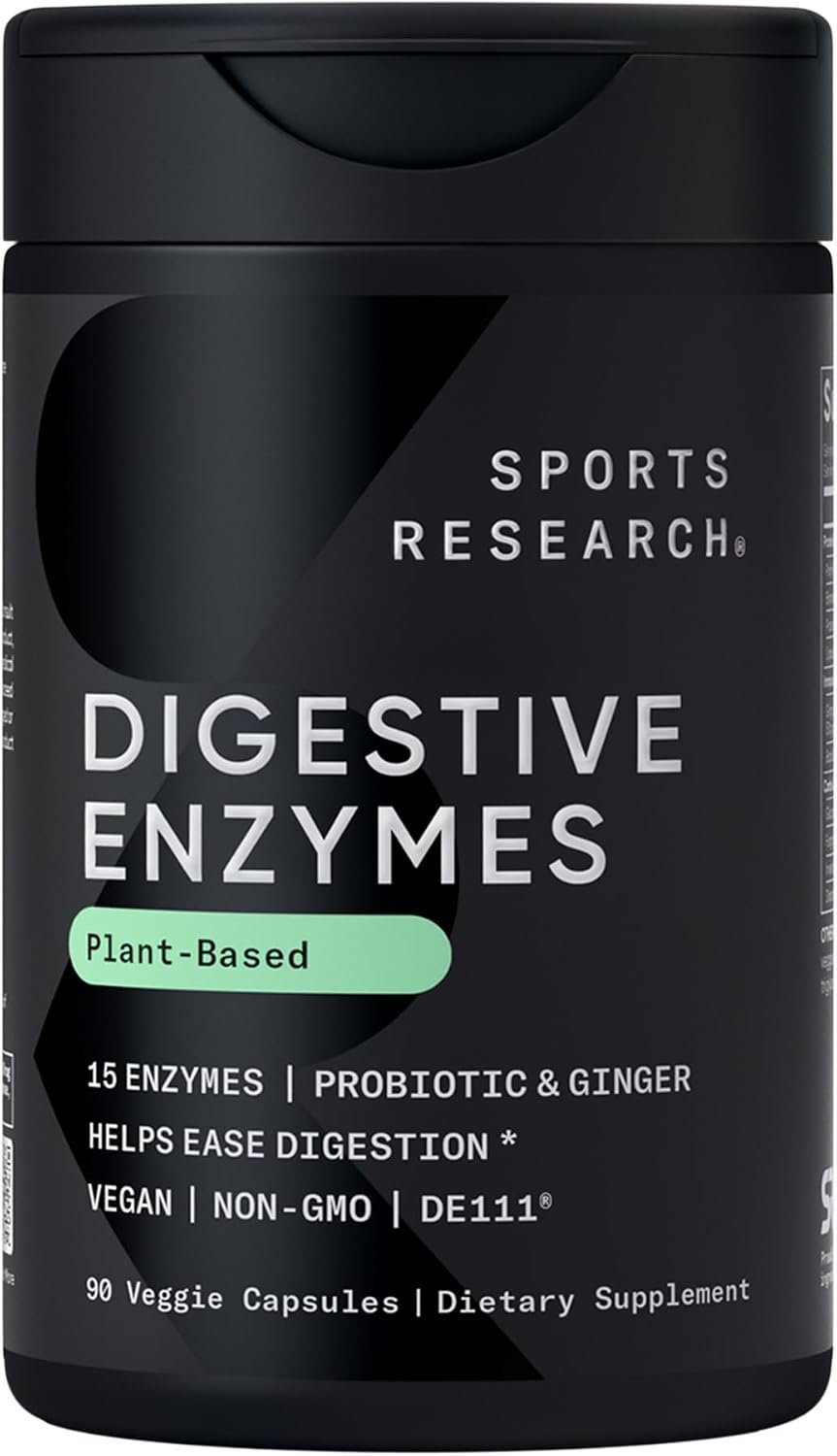 Sports Research Digestive Enzymes with Probiotics & Ginger – Plant Based for Dairy, Protein, Sugar & Carbs – Non-GMO Verified & Vegan Friendly (90 Veggie Capsules)