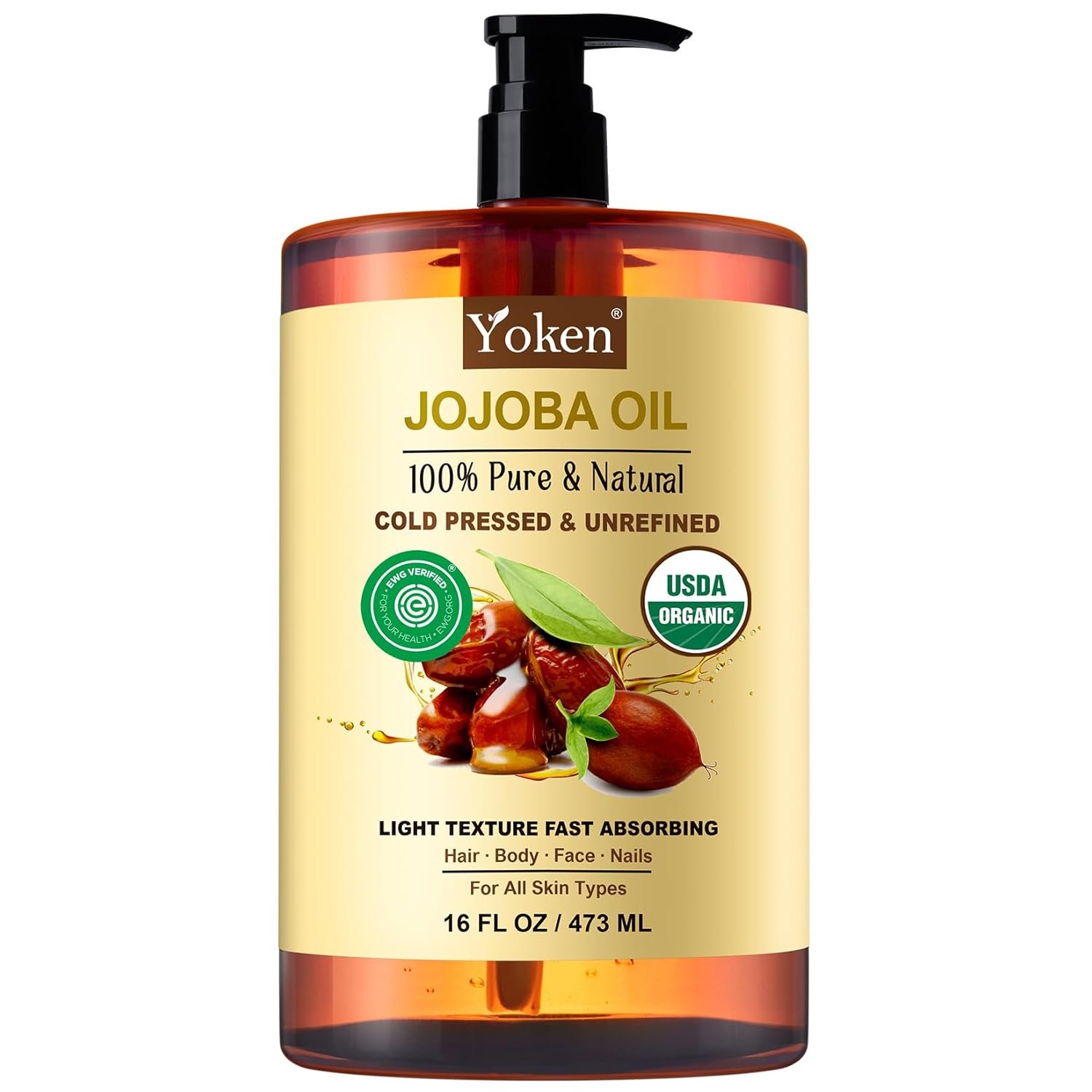 Yoken Organic Jojoba Oil 16oz, USDA Certified Cold Pressed for Skin Care