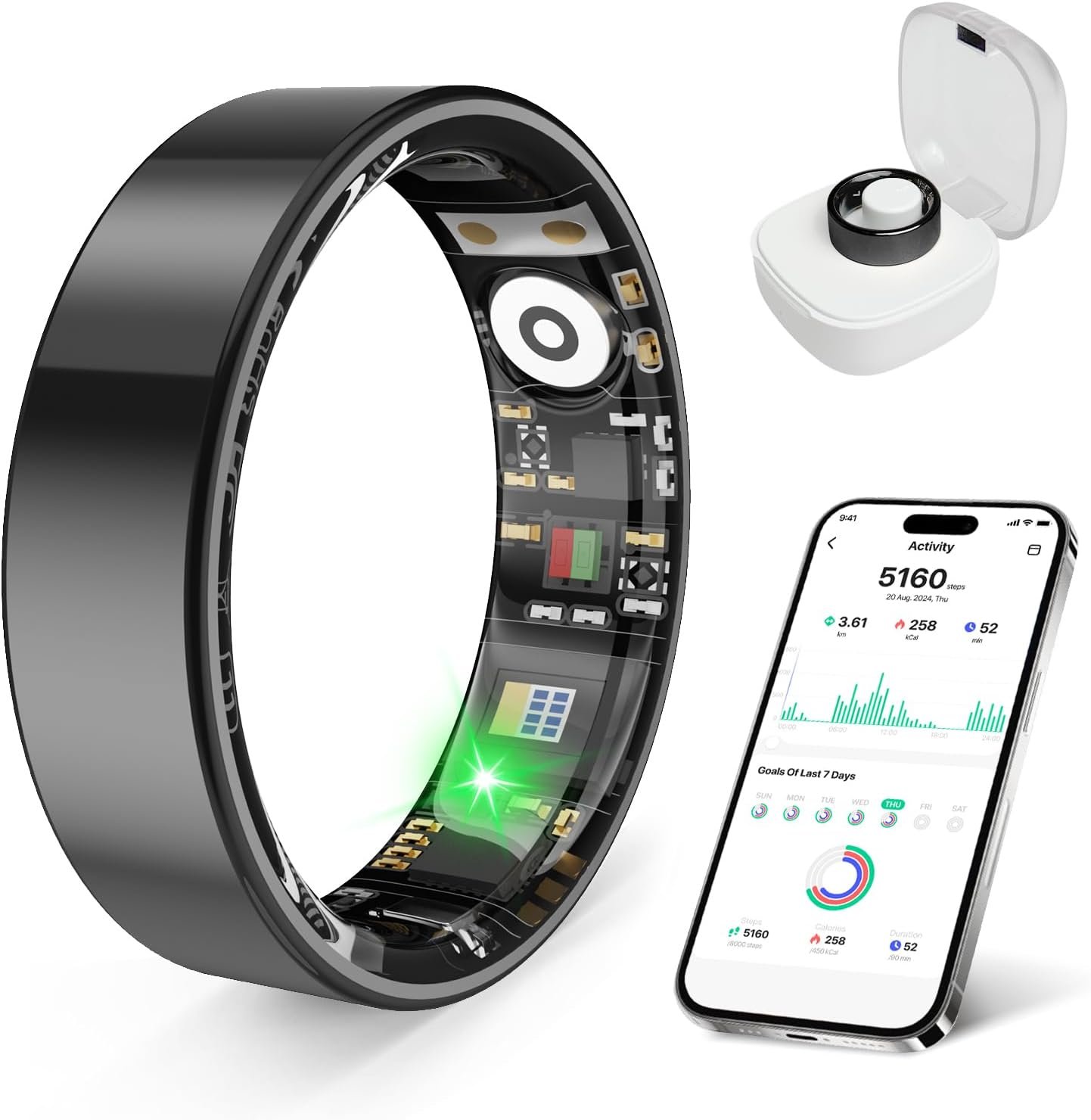 Smart Health Ring Fitness Tracker with Stress & Sleep Monitoring, Waterproof Activity Tracker, Compatible with iOS & Android, No Subscription Fee, Lightweight Wearable for Women & Men (Black, 12)