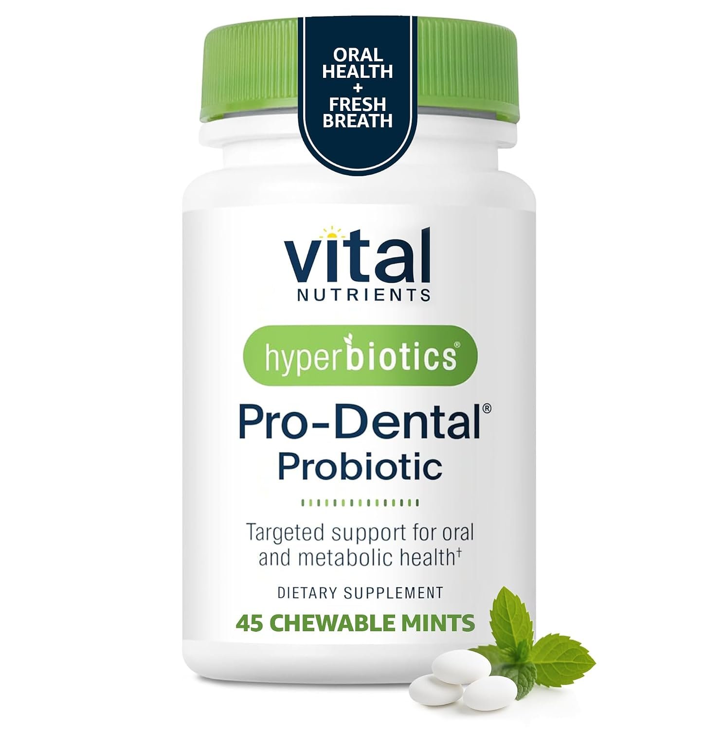 Hyperbiotics Vital Nutrients Pro Dental Probiotic | Clinically Studied BLIS K12 and M18 | Oral Probiotics for Bad Breath Treatment for Adults | Oral Health for Teeth and Gums | 45 Mint Tablets