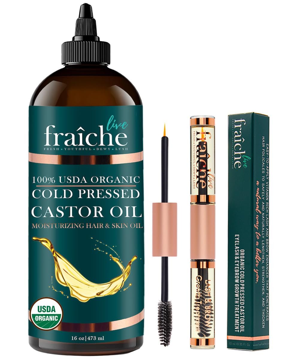 Live Fraiche Organic Castor Oil (16.33oz) + Filled Mascara Tube – 100% Pure Hexane Free Cold Pressed Castor Oil for Skin and Face – Hair Growth for Eyelashes and Eyebrows Scalp & Hair Treatment Oil