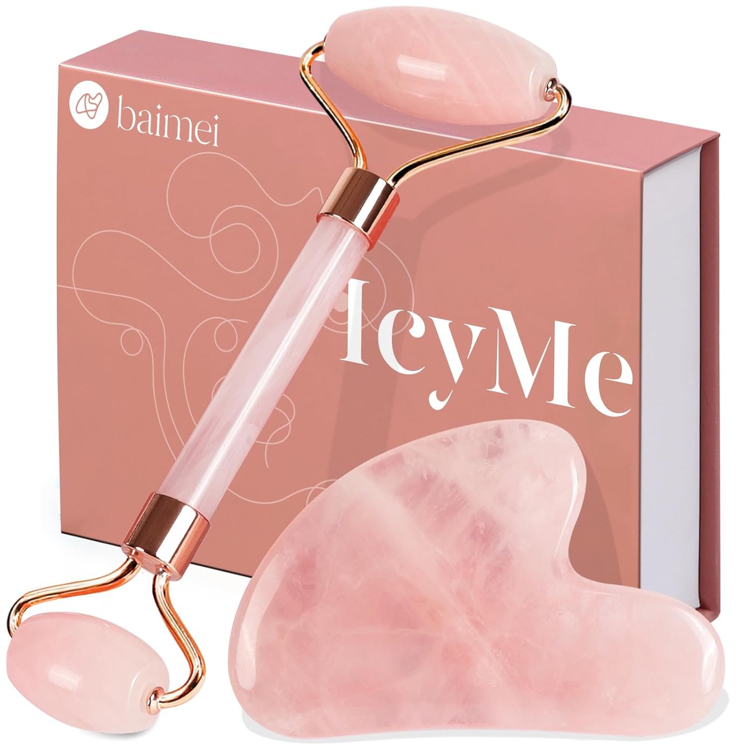 BAIMEI IcyMe Rose Quartz Roller & Gua Sha Set, Cooling Face Roller for Depuffing & Lymphatic Massage, Sculpting Tool for Face, Eyes & Neck, Smooth Skincare Gift for Women and Men