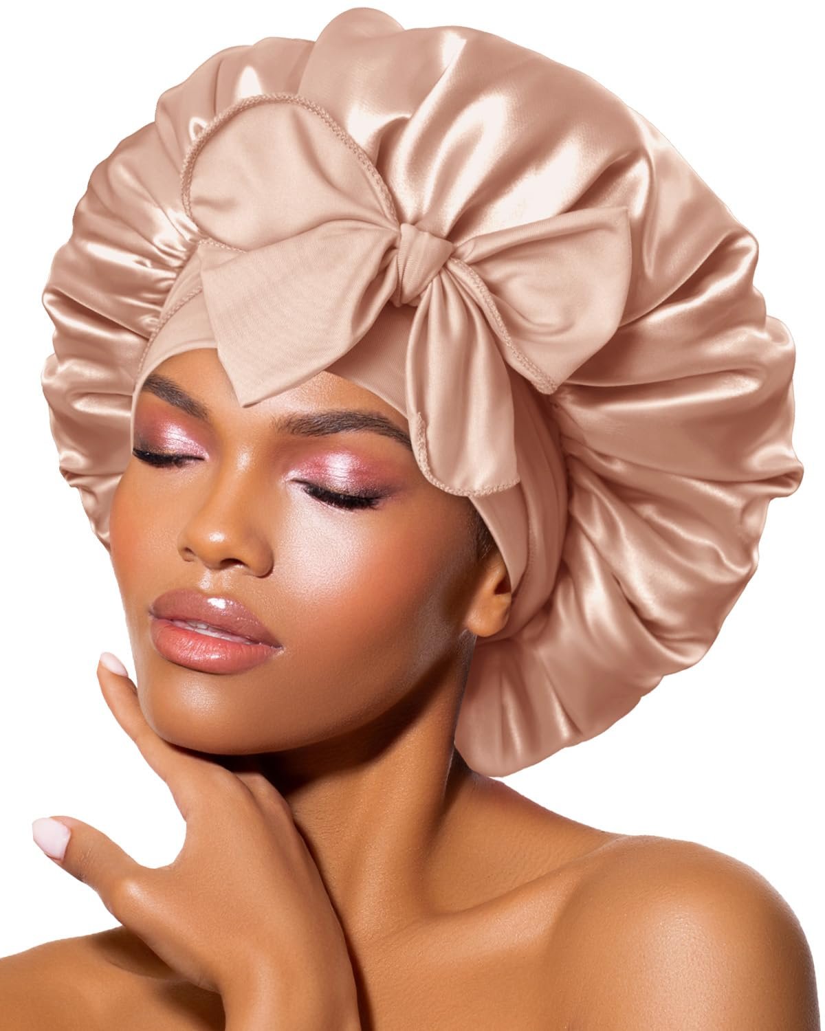 BONNET QUEEN Double Layer Silk Bonnet for Sleeping for Women Satin Lined Bonnet Night Cap for Curly Hair with Tie Band,Champagne
