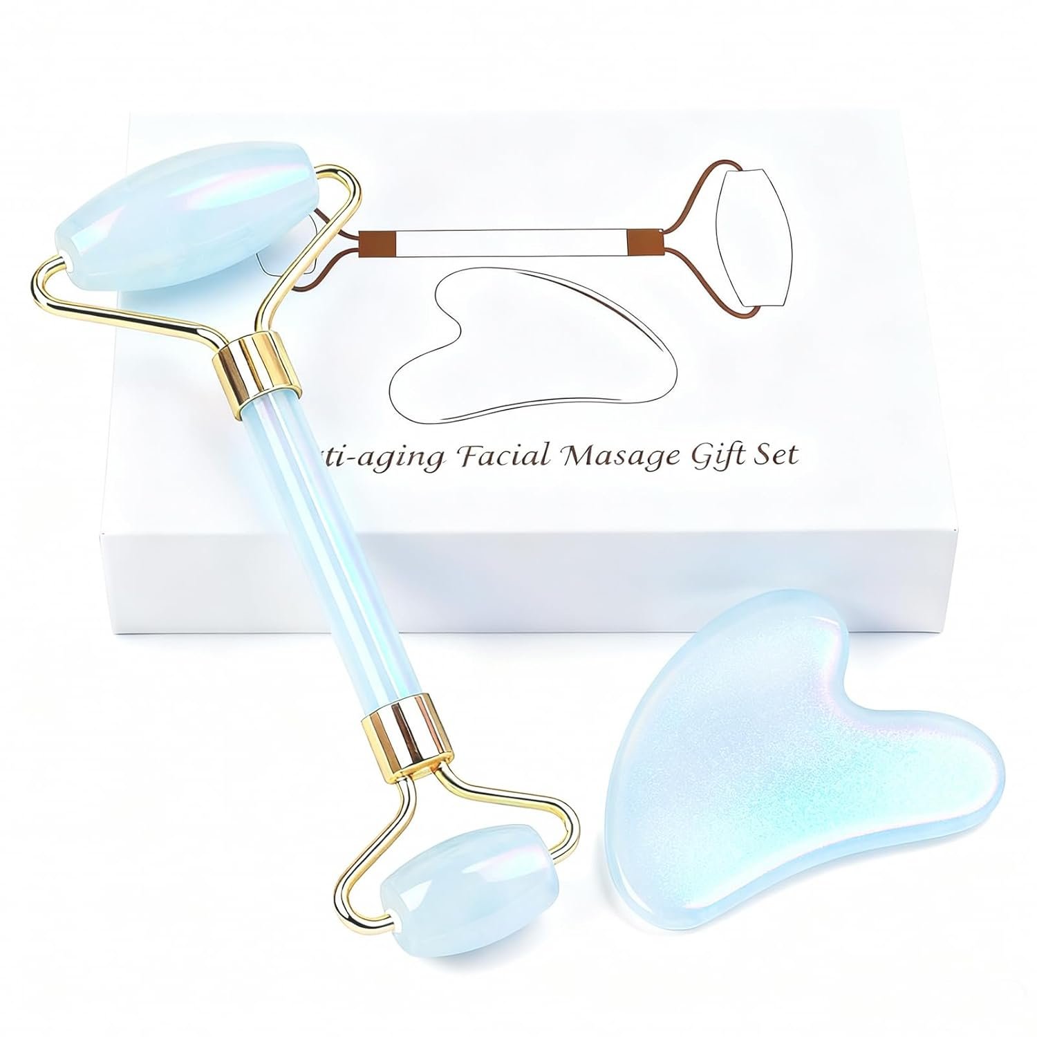 Jade roller and gua sha, facial roller, women’s skincare tool, self-care gift, face, eye, neck massager, relieves fine lines and wrinkles, aventurine, opal, rose quartz
