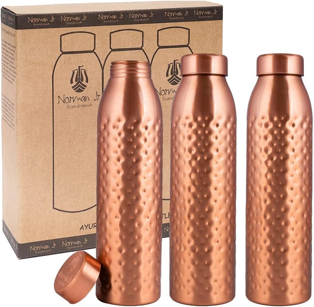 NORMAN JR, Copper Water Bottle 1L – Gift Box of 3, Hammered, an Ayurvedic vessel made from pure copper – helps you drink more water, with many health benefits