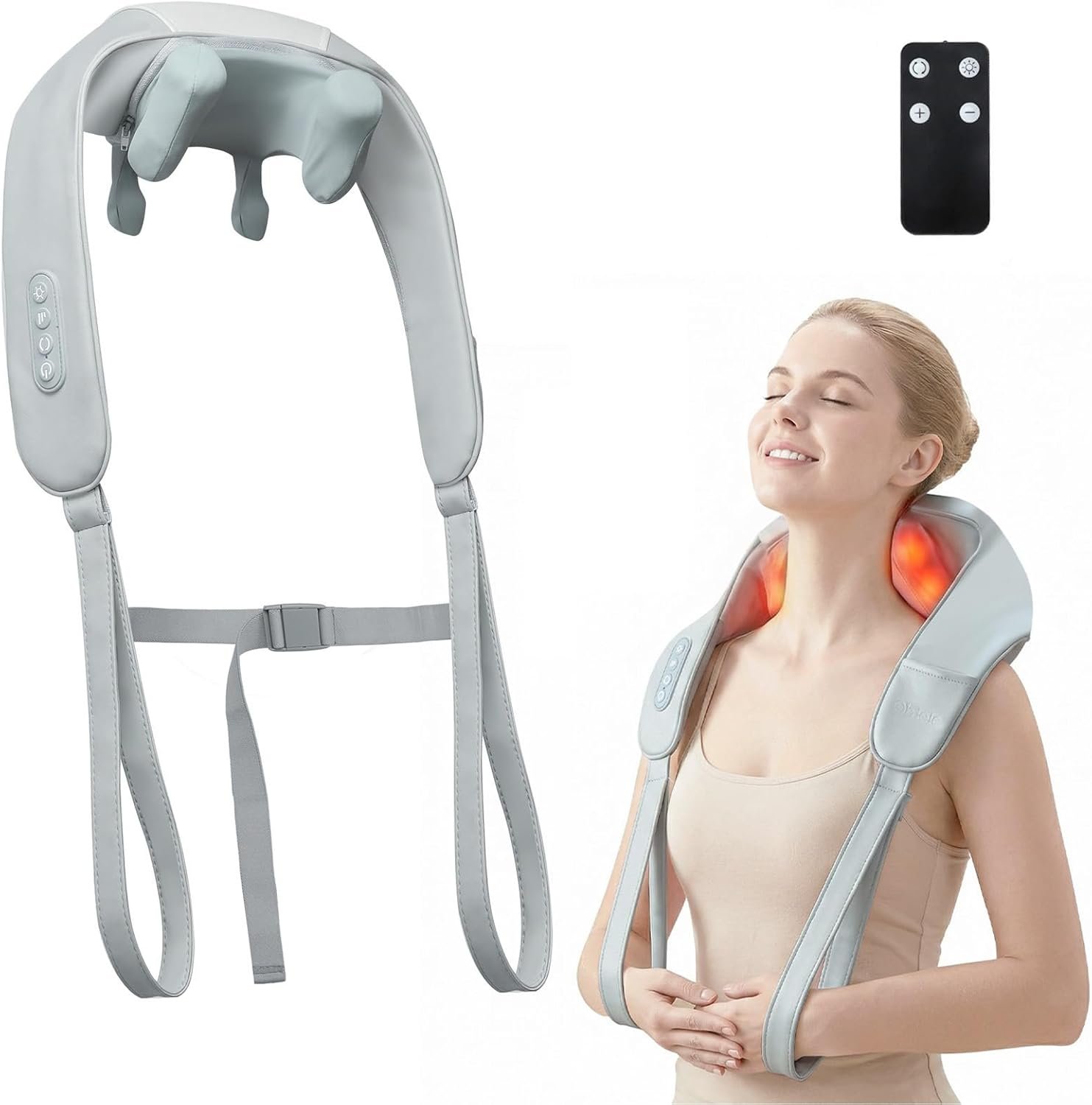 Cordless Neck Massager with Heat for Pain Relief,6D Kneading Shiatsu Neck and Shoulder Massager Deep Tissue with Remote,Use at Home, Office, Car – Gifts for Mothers Fathers Day(Cloud Gray)