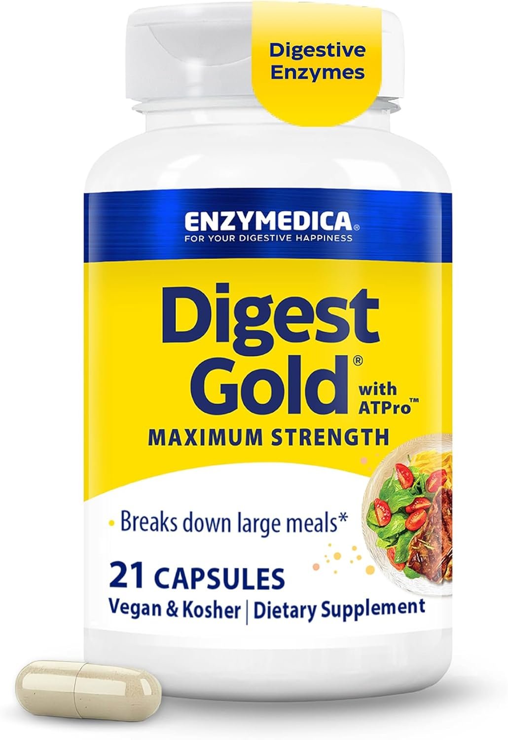 Enzymedica Digest Gold – Digestive Enzyme Supplement for Women & Men, Enzyme Capsules for Digestion, Gut Health Support, Helps Gas & Bloating, ATPro Energy Support, Maximum Strength, Vegan – 21 Caps
