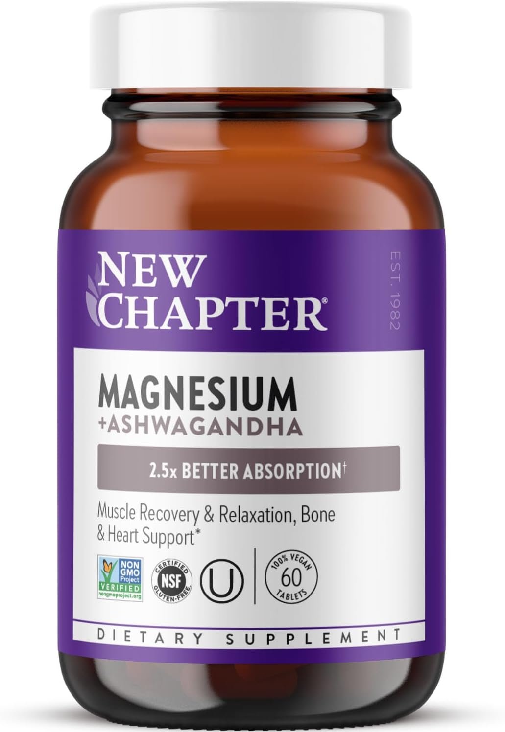 New Chapter Magnesium + Ashwagandha – Supports Muscle & Bone Health* – Highly Absorbable – Non-GMO, Kosher, Vegan & Gluten Free – 60 Tablets