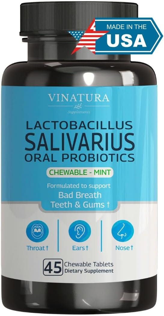VINATURA Lactobacillus Salivarius Oral Probiotics – Mouth Bad Breath Treatment for Adults, Dental probiotics for Teeth and Gums, Throat, Ear, Nose – 45 Chewable Mint Tablets