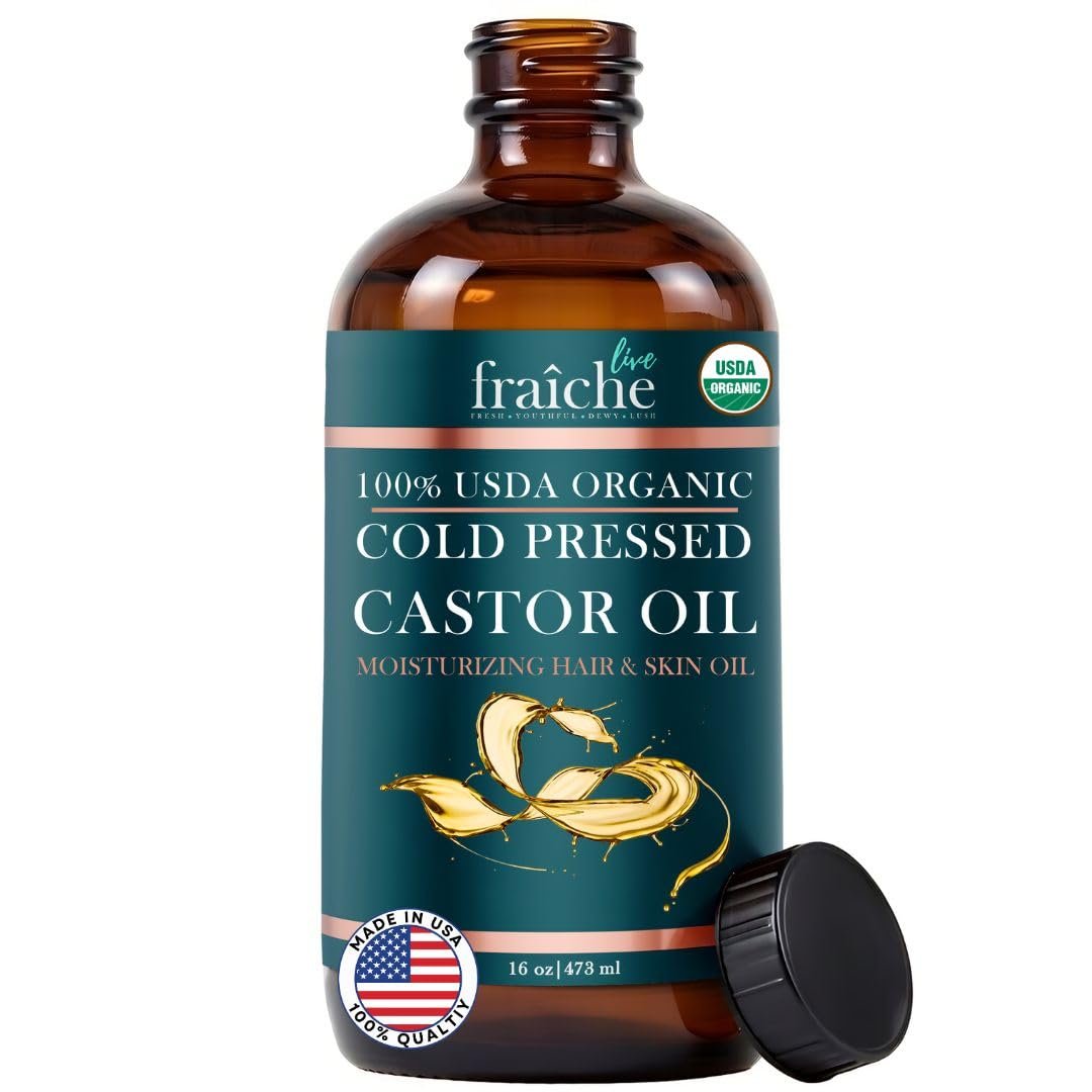 Live Fraiche Organic Castor Oil Cold Pressed Glass Bottle (16oz) – Pure Castor Oil for Hair Growth & Skin Care – Hexane Free Hair Treatment Oil – Natural Eyelash & Eyebrow Serum