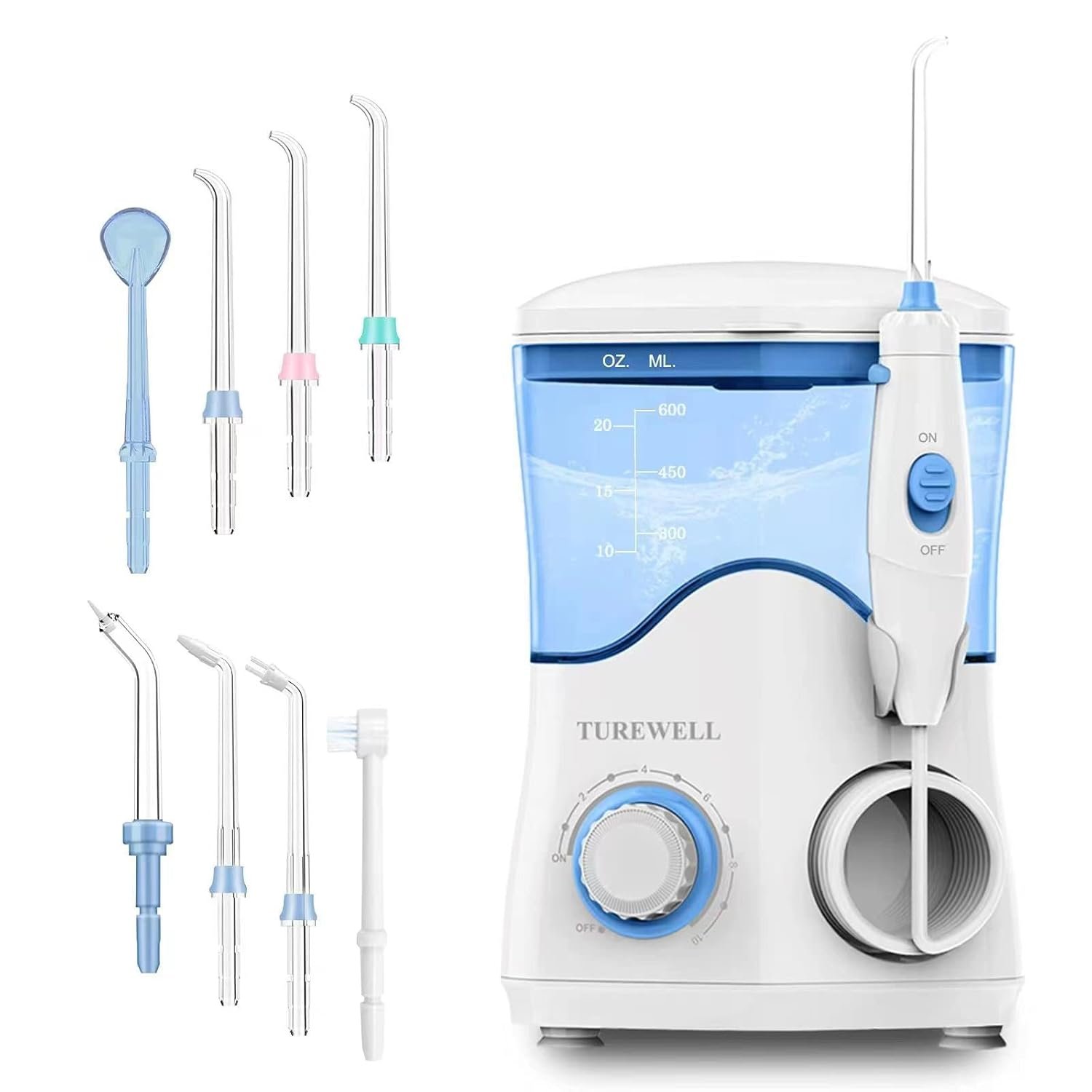 TUREWELL FC162 Water Dental Flosser for Teeth/Braces,10 Pressure Levels, 8 Water Jet Tips for Family, 600ML Electric Water Dental Oral Irrigator for Teeth-Clean (White)