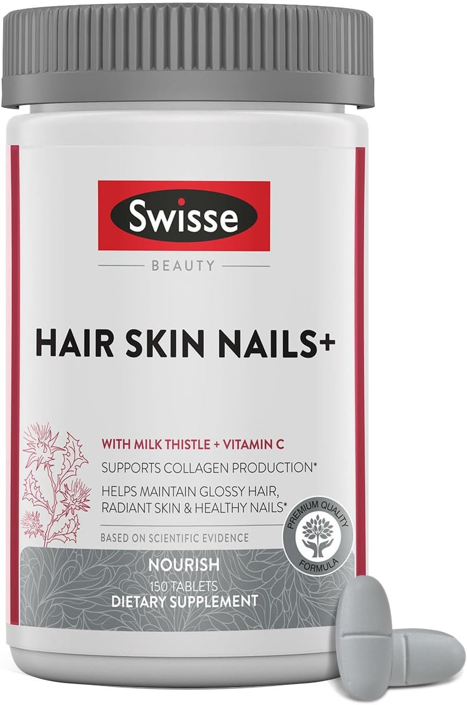 Swisse Biotin Hair Skin and Nails Vitamins for Women & Men | 5 Months Supply | Milk Thistle, Biotin, Vitamin C, Zinc & Iron | Supports Hair Growth & Collagen Production | 150 Tablets