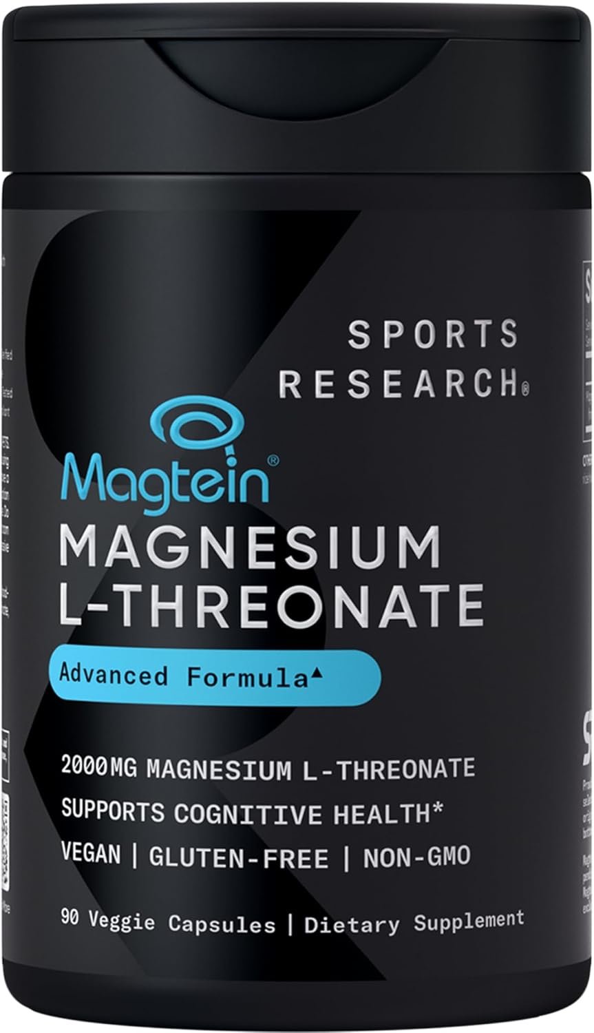 Sports Research® Magnesium L-Threonate Capsules 2000mg – High-Absorption Magtein® for Enhanced Brain Health, Memory, Focus & Restful Sleep Support – Vegan · Non-GMO · Gluten Free – 90 Count