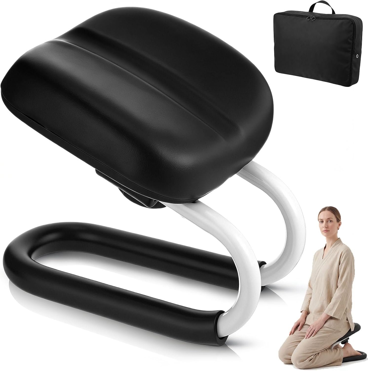 SiliFine Meditation Bench with Carrying Bag, 3 Level Adjustable Metal Meditation Stool, Non-Slip Prayer Kneeling Stool with Cushion, Ergonomic Prayer Chair for Meditations Yoga(Black)