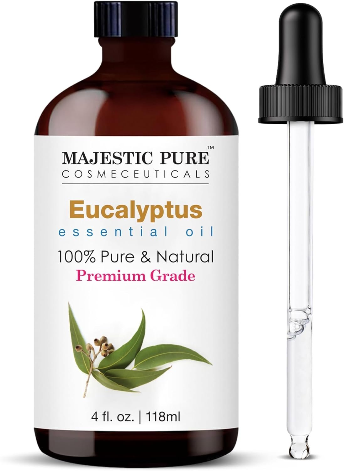 Majestic Pure Essential Oil with Glass Dropper – 100% Pure and Natural – Essential Oils for Diffuser, Aromatherapy, Soap and Candle Making, Eucalyptus Essential Oil, Eucalyptus Oil, 4 Fl Oz