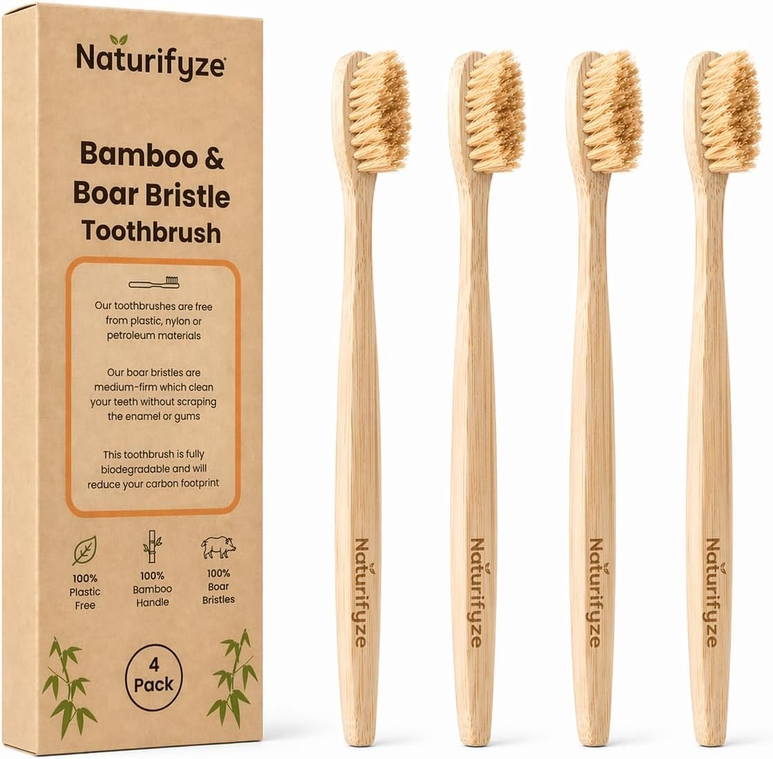 Boar Bristle & Bamboo Toothbrush (4 Pack) – Authentic Boar Bristles – Biodegradable – Plastic Free – Bamboo & Boar Bristle