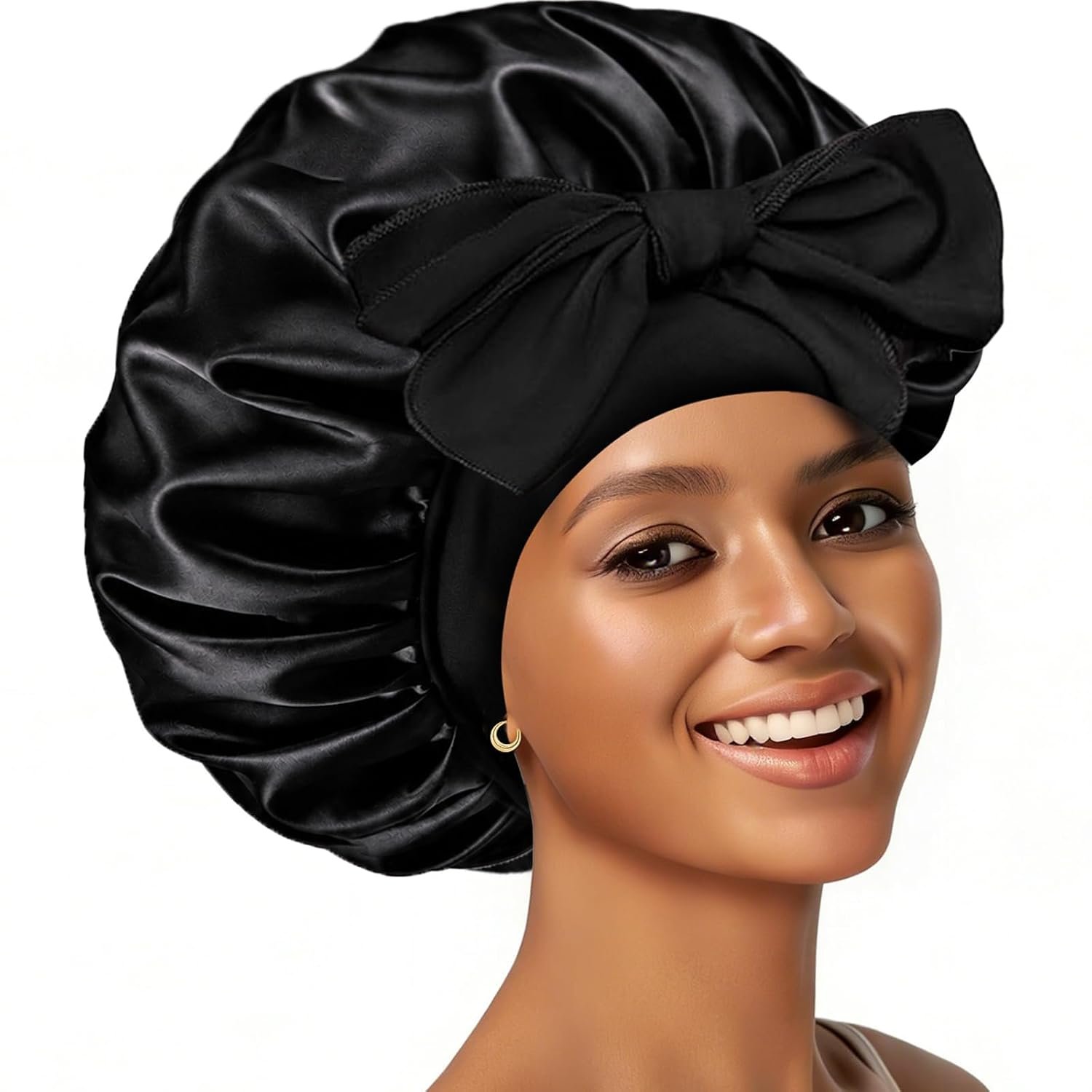 Silk Bonnet Satin Bonnet for Sleeping Large Bonnets with Tie Band Hair Wrap with Adjustable Straps Hair Cap for Women Curly Black