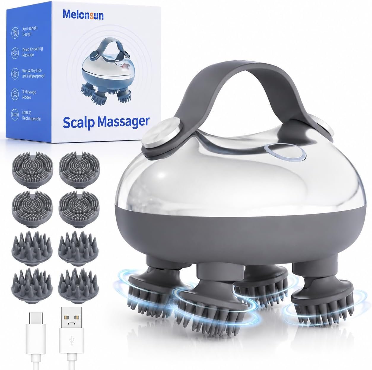 Melonsun Electric Scalp Massager for Scalp Care & Stress Relief, Anti-Tangle Deep Kneading Head Massager, IPX7 Waterproof Rechargeable for Shower, 3 Modes, 8 Silicone Claws, Gift for Women Men