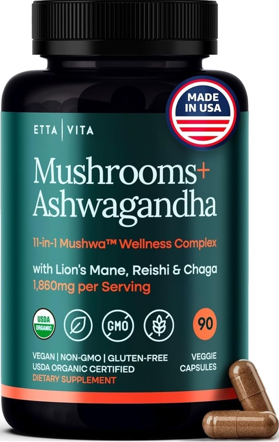 USDA Organic Lions Mane Supplement Capsules with Ashwagandha, Chaga, Reishi, Cordyceps, Turkey Tail – 10x Adaptogenic Mushroom Complex as Focus Supplement – Energy, Immunity & Nootropic
