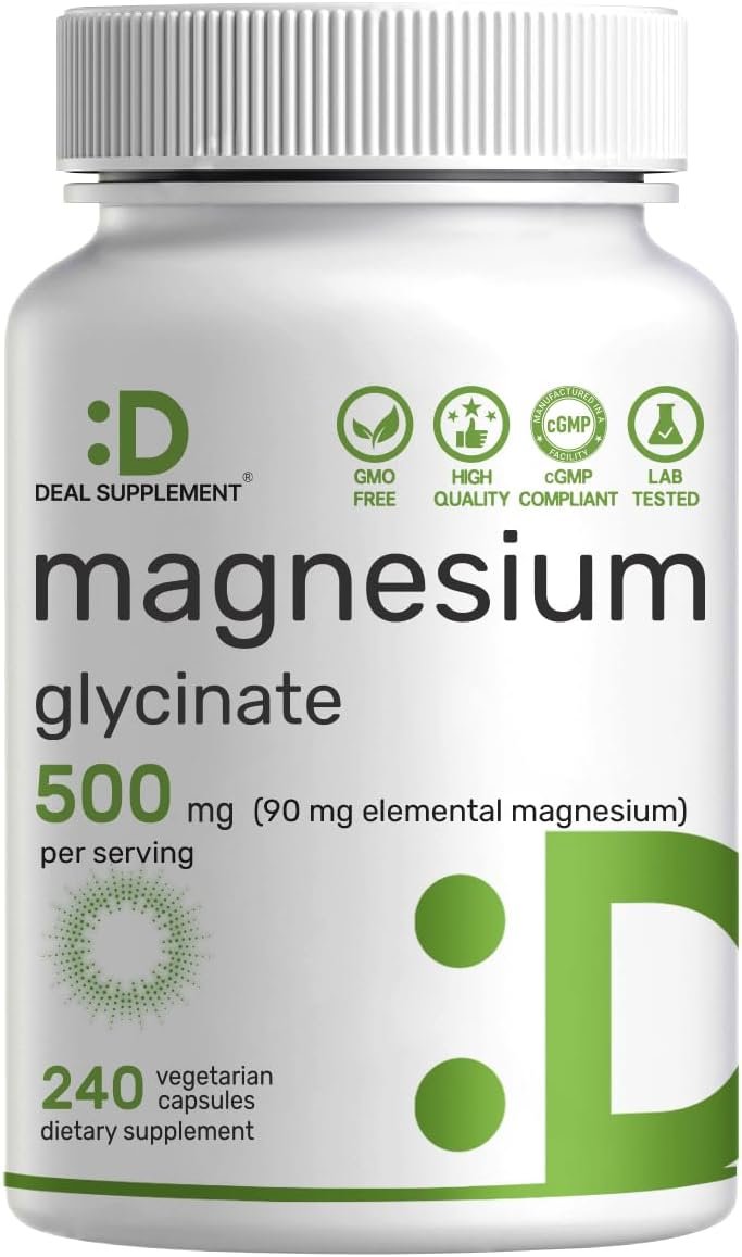 Deal Supplement Magnesium Glycinate 500mg, 240 Veggie Capsules | 100% Chelated for Easy Absorption | Essential Mineral Supplement | Non-GMO, Gluten-Free