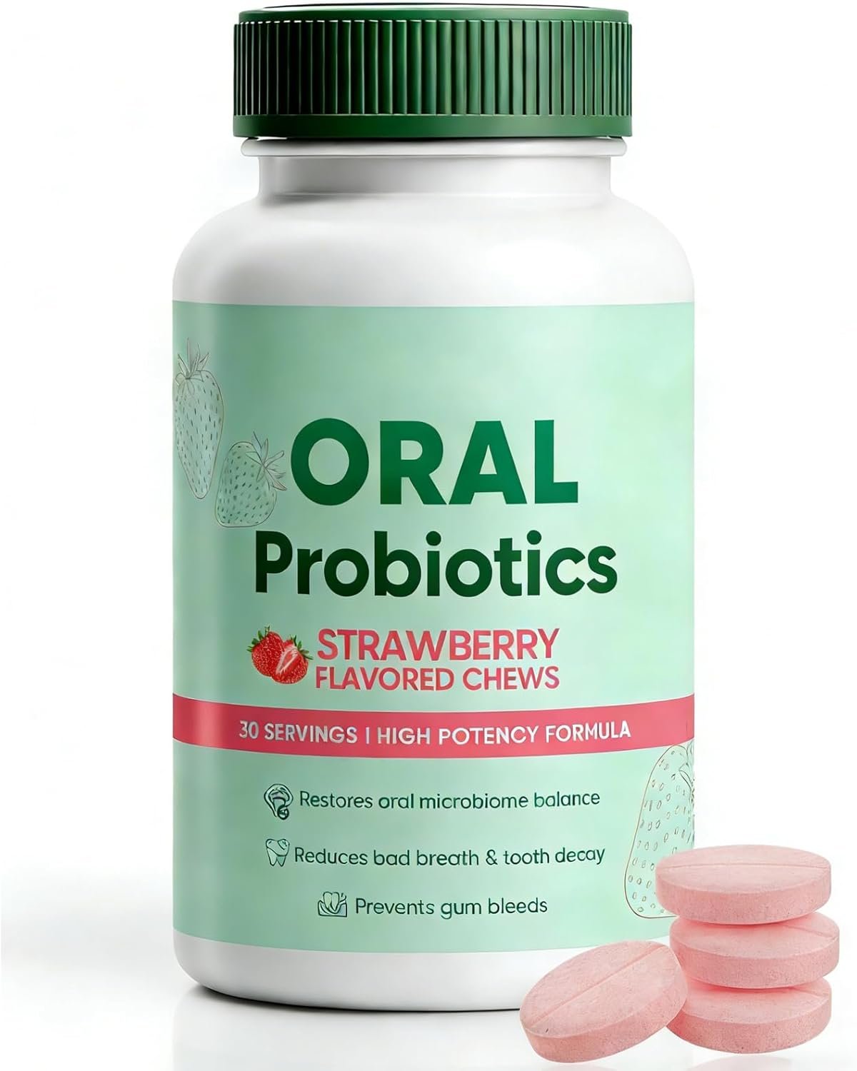 Oral Probiotics Supplement for Fresh Breath, Teeth and Gums Health, Strawberry Flavor, 60 Count (1)