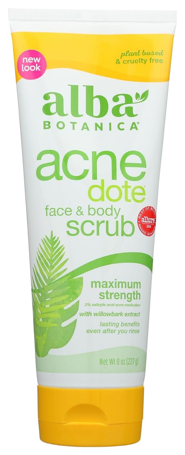 Alba Botanica Acnedote Maximum Strength Face & Body Scrub for Acne Treatment, Blackhead Scrub, 8 Oz