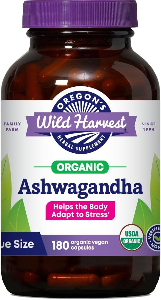 Oregon’s Wild Harvest Organic Ashwagandha Non-GMO Herbal Supplements for Stress Relief, Immune Support, Balanced Energy Levels & Mood Support, 180 Count