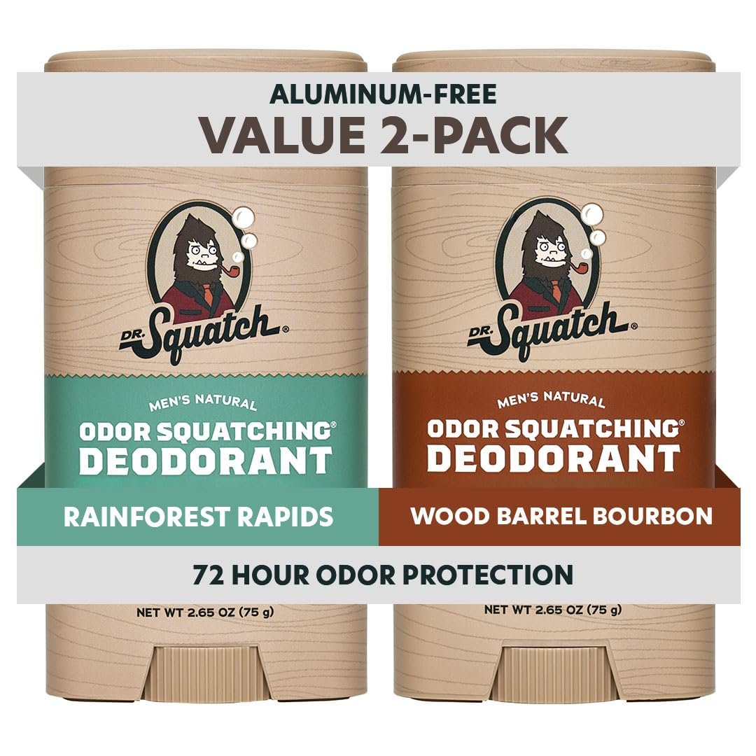 Dr. Squatch Natural Men’s Deodorant – Aluminum Free Natural Deodorant Men with Charcoal & Postbiotics for 72-Hour Odor Protection – Rainforest Rapids + Wood Barrel Bourbon, 2.65oz Stick (2-Pack)