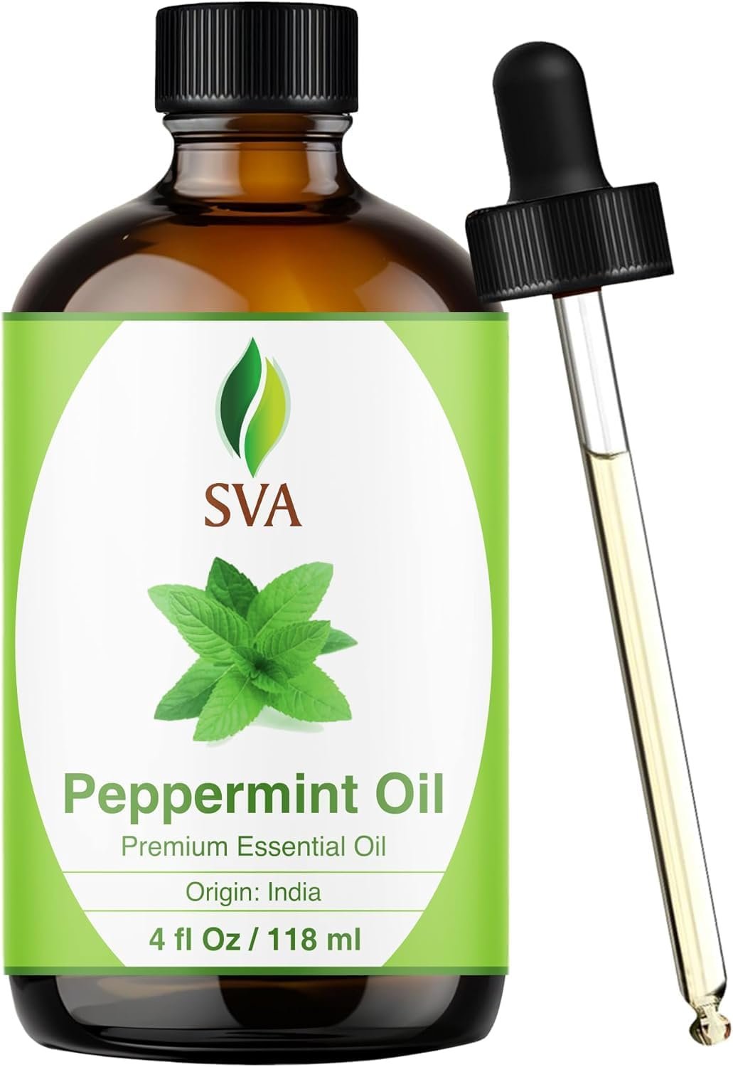 SVA Peppermint Essential Oil – 4 Fl Oz – 100% Natural Peppermint Oil – for Diffuser, Hair Care, Face, Skin Care, Aromatherapy, Scalp and Body Massage, Soap and Candle Making – with Dropper