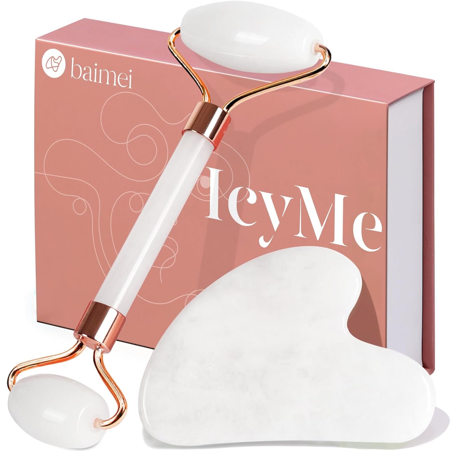 BAIMEI IcyMe Jade Roller & Gua Sha Set Face Roller and Gua Sha Facial Tools for Skin Care Routine and Puffiness, Self Care Gift for Men Women – White
