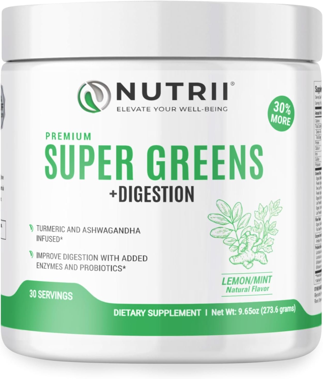Organic Green Immunity Superfood Powder – Soothes Digestion, Boosts Healthy Vitality and Energy. Fast Acting Formula with Probiotics, Enzymes, Turmeric and Ashwagandha (30 Servings Lemon-Mint)