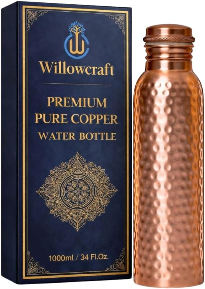 Copper Water Bottle (34oz/1000ml) 100% Pure Handmade Hammered Ayurvedic Pure Copper Vessel for Drinking Heavy Duty & Leak-proof