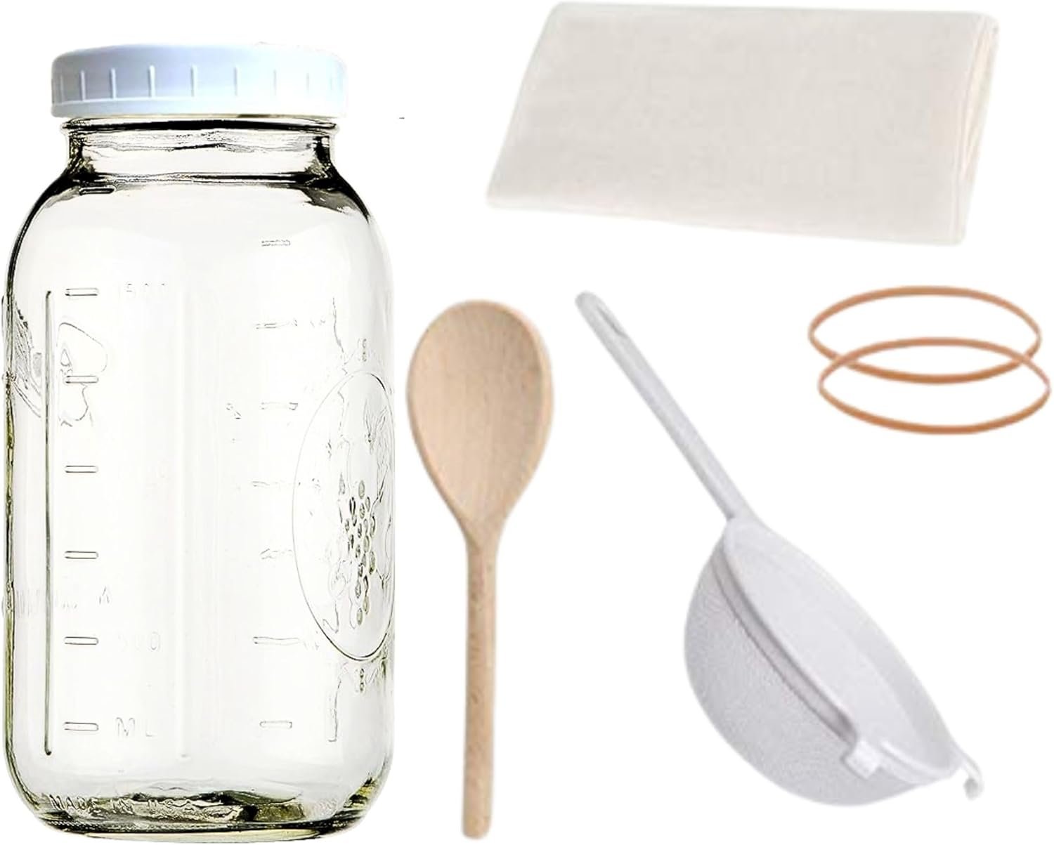 Jarming Collections Complete Kefir Starter Kit/Kombucha Fermentor Kit-1 Mason Jar Wide Mouth-Plastic Storage Lid – HIC(4 Inch) Nylon Mesh Strainer-Cotton Cloth Cover and Wood Spoon (Half Gallon)