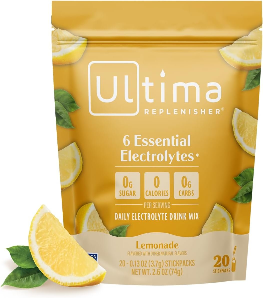 Ultima Replenisher Daily Electrolyte Powder – Lemonade, 20 Stickpacks – Zero Sugar Hydration Packets with 6 Electrolytes and Minerals – Sugar Free, Plant Based & Keto Friendly Drink Mix