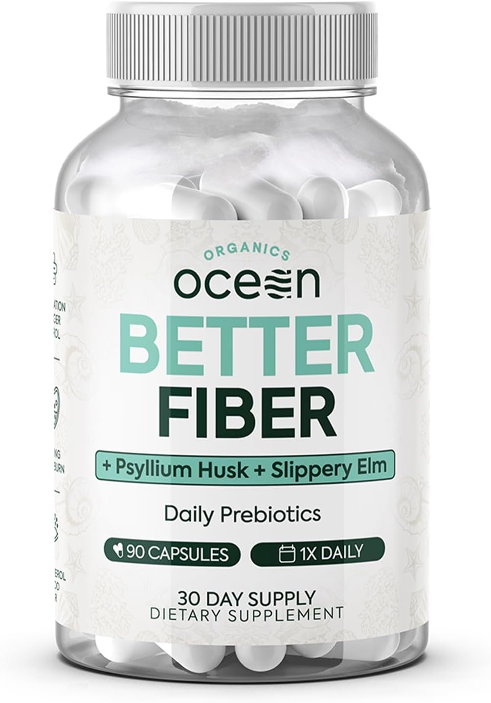 Organics Ocean Better Fiber – Daily Fiber Supplement – Soften Stool for Effortless Bowel Movements – with Psyllium Hulk and Slippery Elm – 90 Capsules