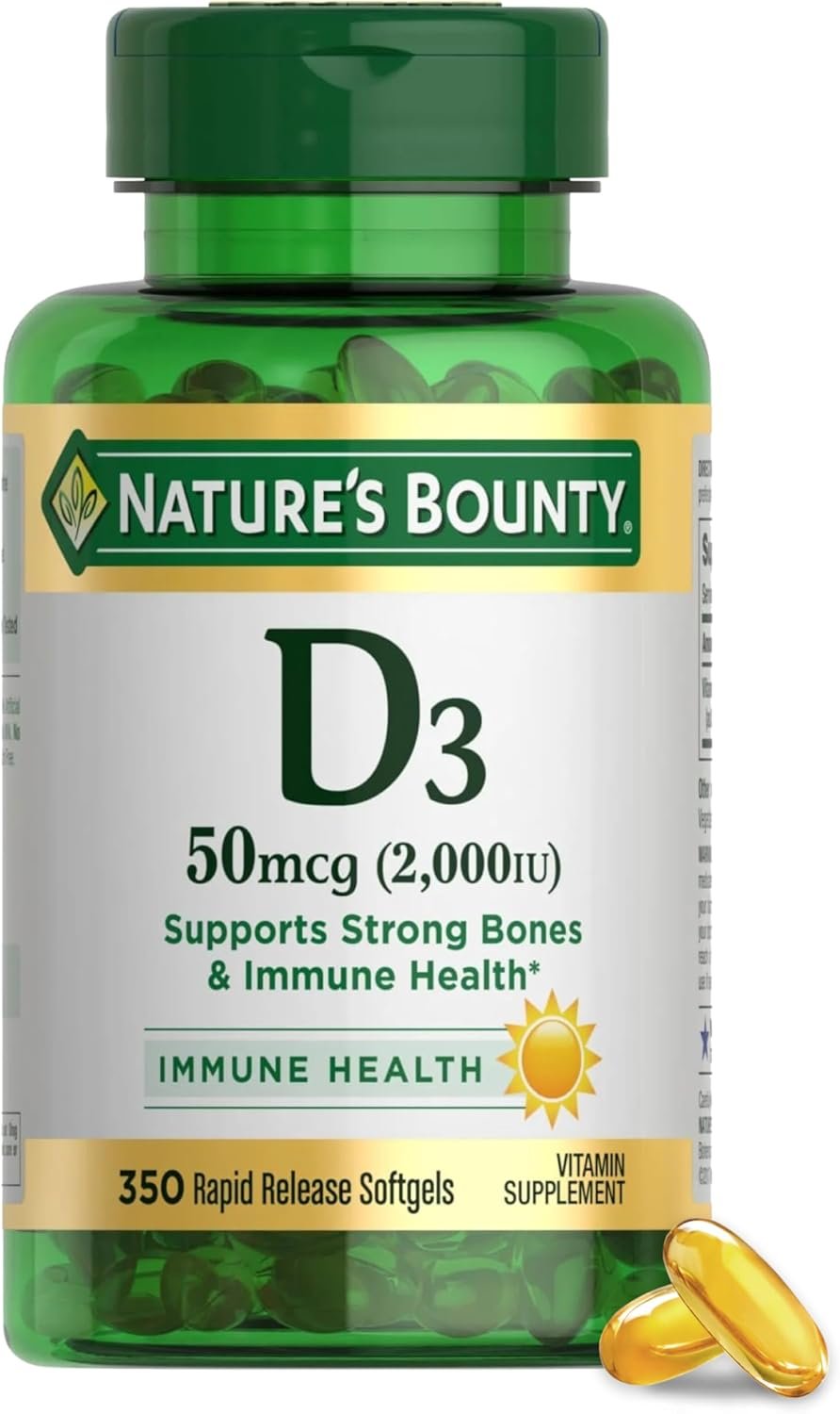 Nature’s Bounty Vitamin D3 2000 IU | Supports Immune Health, Calcium Absorption & Bone Strength | Essential for Healthy Bones | Non-GMO, No-Gluten | 350 Softgels, 1 Serving Per Day for Daily Health