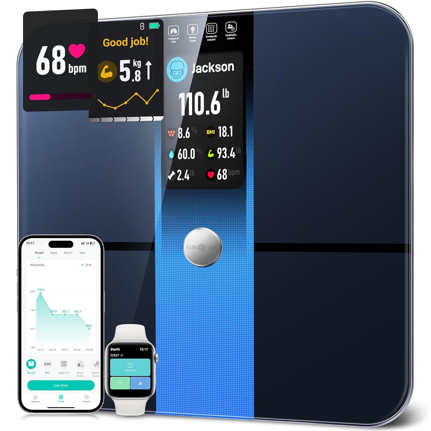 RunStar Scale for Body Weight, Precision Digital Bathroom Smart Scale with 3.5″ TFT Color Large Display for BMI Muscle Mass Heart Rate, 22 Body Composition Analyzer Sync APP, 400lb