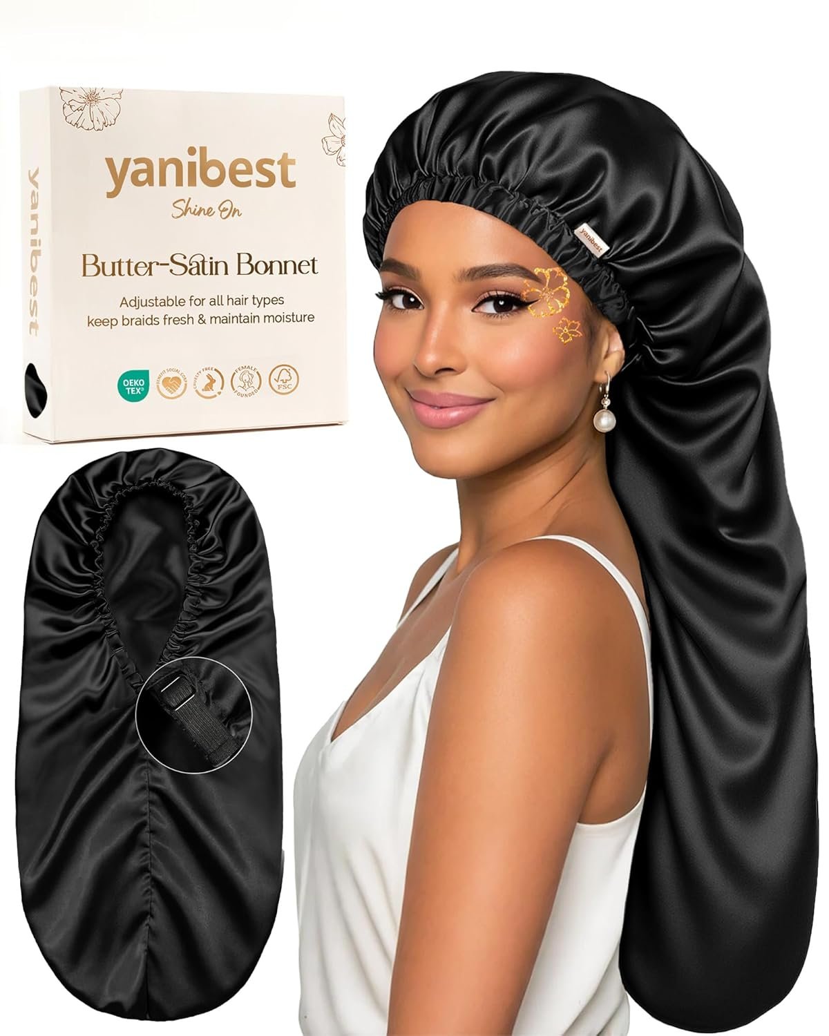 YANIBEST Satin Sleep Bonnet for Natural Hair – Extra Double Layer Long Adjustable Silk Hair Bonnet for Braids, Locs, Curls – Women’s Night Hair Protection Cap