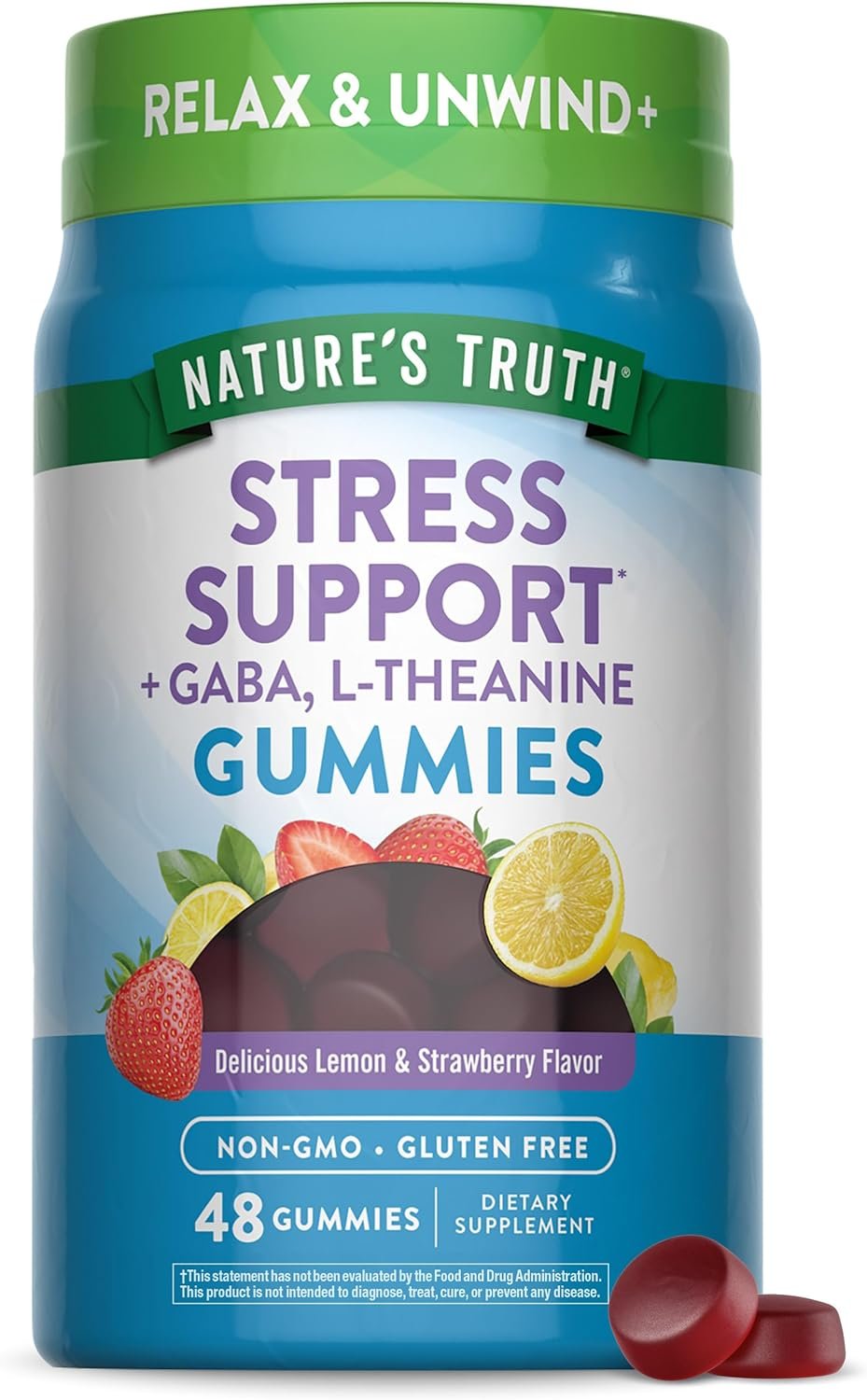 Nature’s Truth Stress Relief Gummies for Adults | with Gaba, L Theanine, and Lemon Balm | Lemon Strawberry Flavor | Non-GMO & Gluten Free Supplement